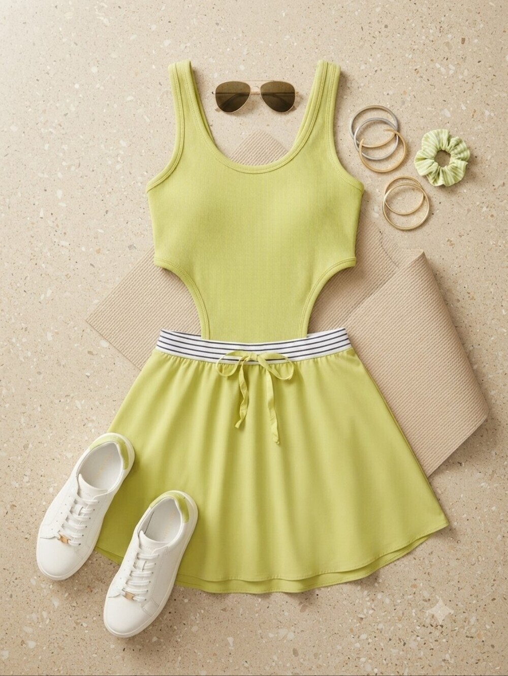 Aerie Offline Green Ribbed Athletic Dress With Built In Shorts